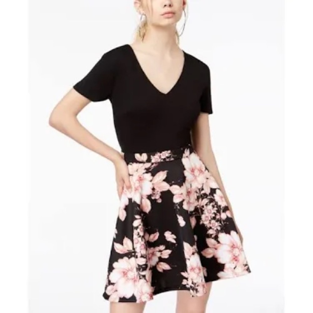Floral Black and Pink Junior’s Fit and Flare Dress